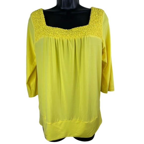 AGB Tops - AGB Blouse Womens Size Small S 3/4 Sleeve Solid Yellow Stretch Top Square Neck